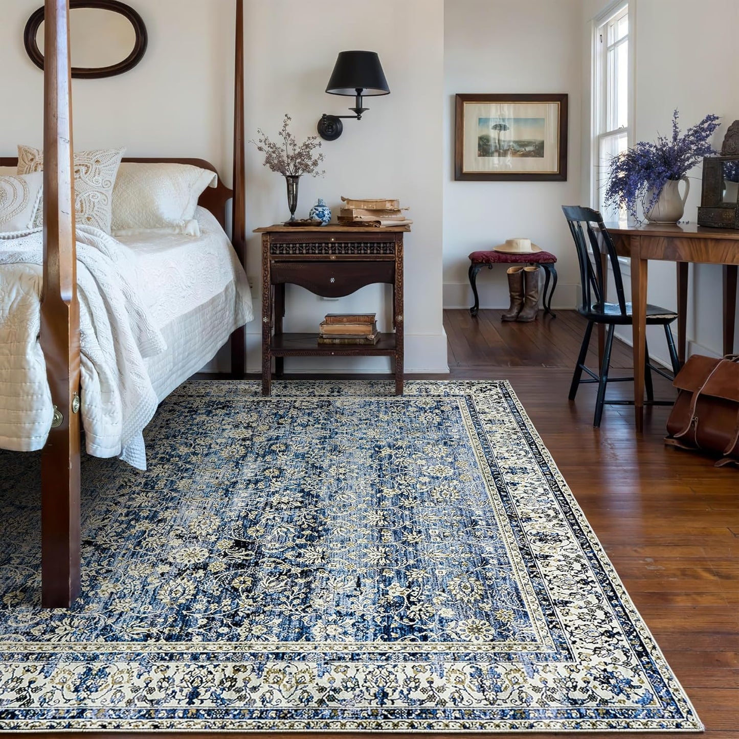 Blue Distressed Carpet Multi Rug Kitchen Living Room Bedroom Dining Room,6x9 Cover Print,Vintage Design Flower Area Rug