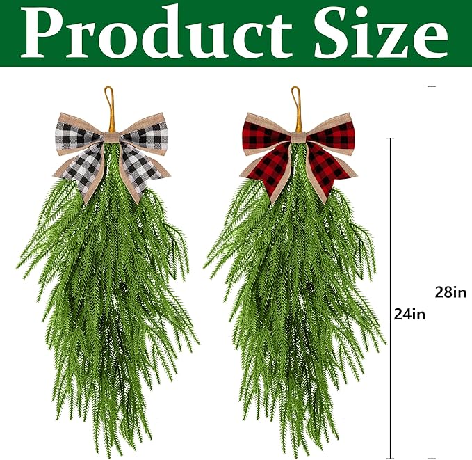 2 Pcs Artificial Christmas Teardrop Swag with Plaid Bow, 28" Faux Pine Needles Teardrop Door Swag, Christmas Norfolk Greenery Teardrop Wreath for Xmas Door Mantle Fireplace Indoor Outdoor Decor