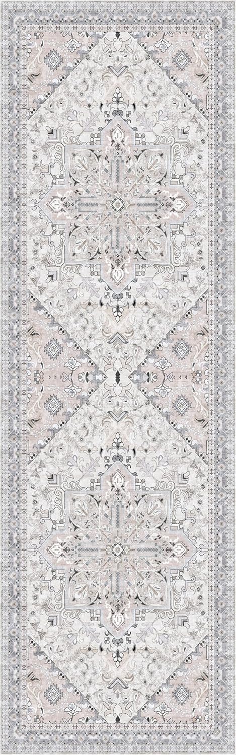 Washable Runner Rug 2.5x8 | Non Slip Rug Runners for Hallways, Entryways, Kitchens, Bathrooms, Bedrooms | Ultra-Soft Flannel Carpet Runners with Rubber Backing (Beige Blue, 2.5x8)