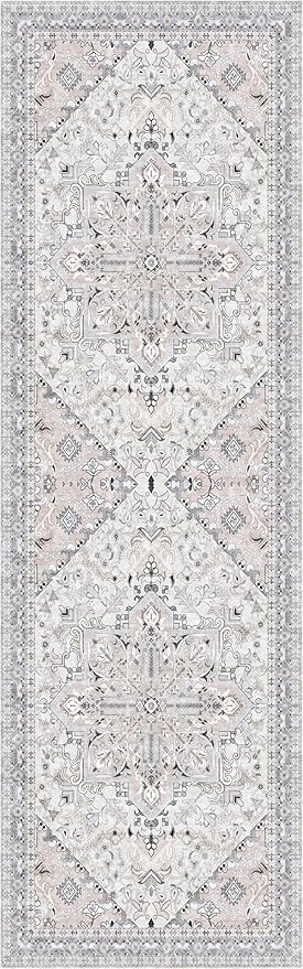 Washable Runner Rug 2.5x8 | Non Slip Rug Runners for Hallways, Entryways, Kitchens, Bathrooms, Bedrooms | Ultra-Soft Flannel Carpet Runners with Rubber Backing (Beige Blue, 2.5x8)