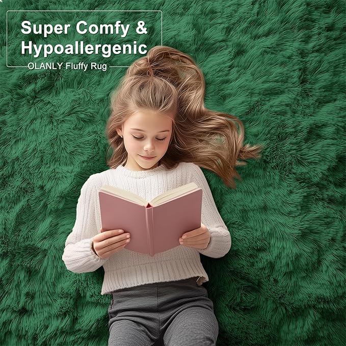 OLANLY Area Rugs for Living Room Bedroom, Machine Washable 4x5.9 ft Soft Fluffy Shaggy Bedside Rug, Indoor Floor Carpet for Kids Girls and Boys, Dorms, Nursery Rooms, Home Decor Aesthetic, Dark Green