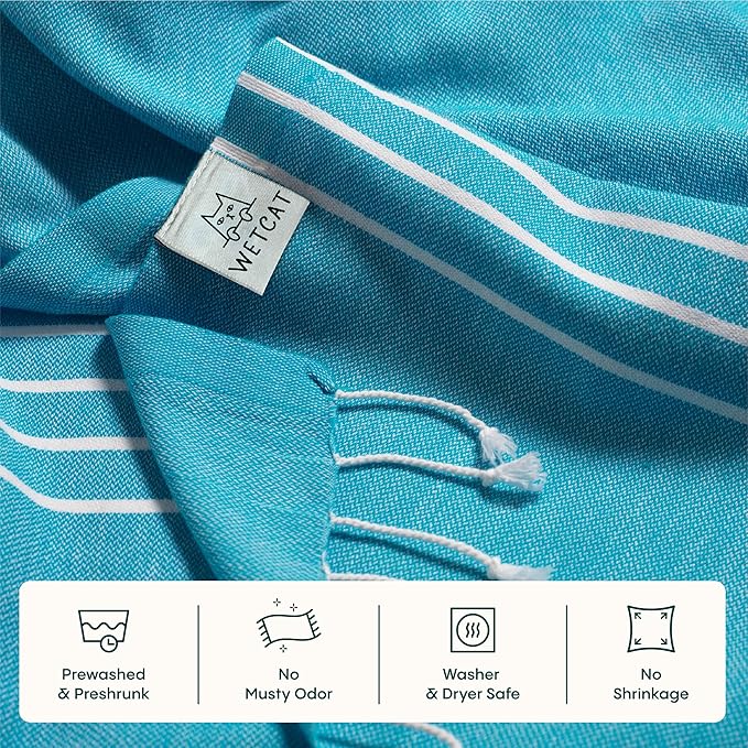 WETCAT Turkish Beach Towel Oversized (38"x71") 100% Turkish Cotton, Made in Turkey - Sand Free, Extra Large, Ultra Soft, Quick Drying, Compact & Lightweight for Travel - Ocea Blue