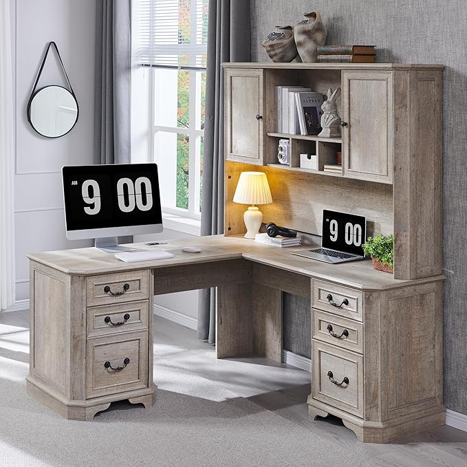 T4TREAM 59" Farmhouse Wood Desk Hutch with Ample Storage, Only Match VSC Series Farmhouse Desk (Light Rustic Oak)