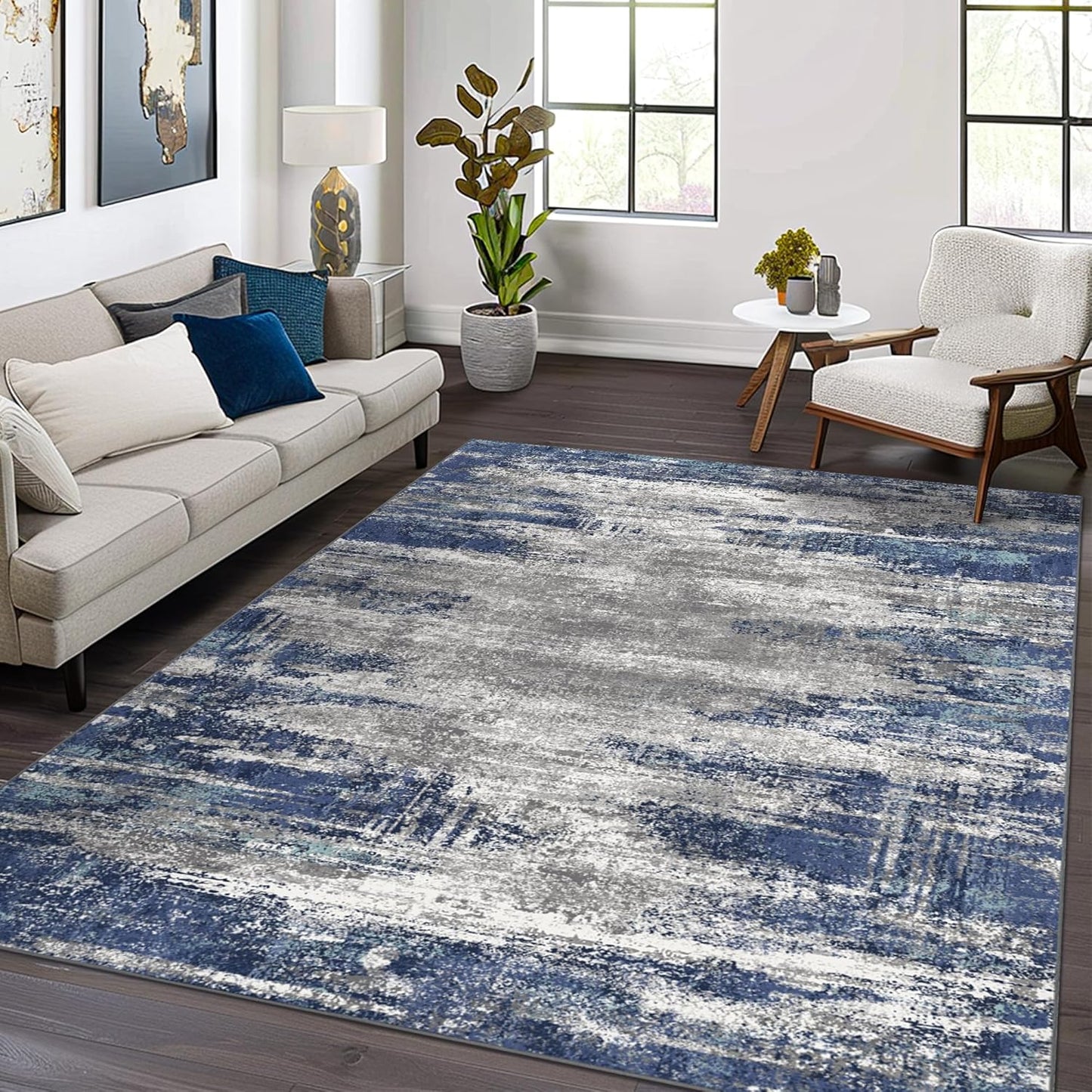 Area Rugs 4x6 for Living Room Bedroom, Modern Abstract Machine Washable Rug, Large Soft Low Pile Floor Cover with Non Slip Backing for Dining Room, Navy Blue Gray