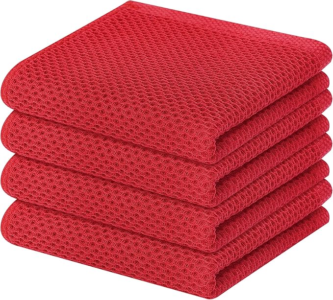 Homaxy 100% Cotton Waffle Weave Kitchen Dish Towels, Ultra Soft Absorbent Quick Drying Cleaning Towel, 13 x 28 Inches, 4-Pack, Red