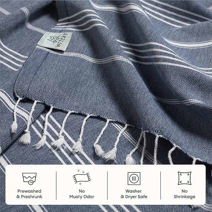 WETCAT Turkish Beach Towel Oversized (38"x71") 100% Turkish Cotton, Made in Turkey - Sand Free, Extra Large, Ultra Soft, Quick Drying, Compact & Lightweight for Travel - Dark Blue