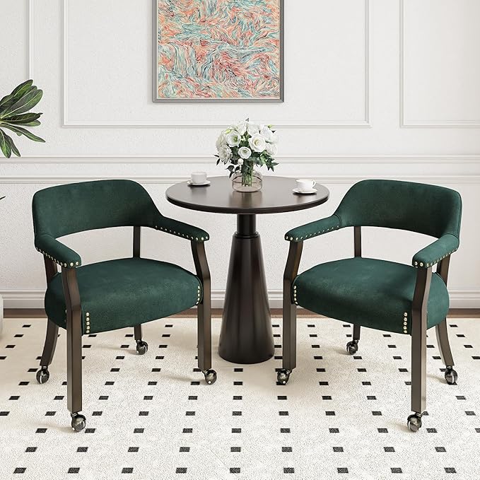 MODERION Dinning Chairs with Wheels and Arms Set of 4, Solid Wood Office Desk Chairs with Frosted Velvet Upholstered, Classic Swivel Accent Chairs, 31.5" H Boss Caption's Chair, Sea Green XXY-HT22-SG