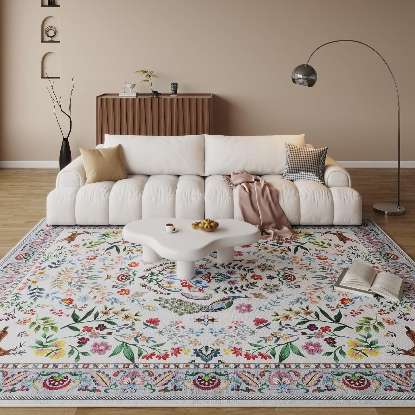 Living Room Rug 5x7 Rug Machine Washable Area Rug Floral Non-Slip Low Pile Large Rugs for Living Room, Bedroom, Farmhouse, Dining Room, Kids Playroom(Colorful)