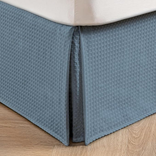 MIYE Pleated Waffle Weave Bed Skirt, Tailored Dust Ruffle 22 Inch Drop Easy Fit, Machine Washable (Blue, TwinXL - 22" Drop)