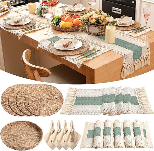4 Sets Boho Placemats Round Woven Placemats, Cloth Napkins, Wood Bead Napkin Rings, Long Table Runner and Farmhouse Rustic Natural Burlap Cotton for Kitchen Dining Table Home (Green)