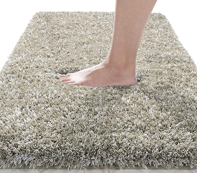 Yimobra Luxury Bathroom Rugs, Fluffy Bath Mats, Non Slip, Water Absorbent Microfiber, Machine Washable, Plush Runner Shower Rugs, Thick Matts for Bathroom Floor/Tub, 44"x 24", Light Tan and White