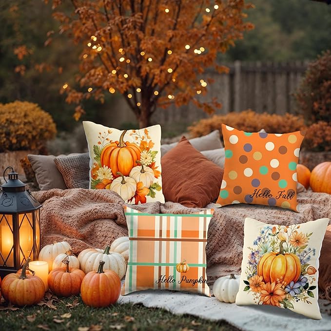 JioJio Chan Fall Pillow Covers 18x18 - Autumn Thanksgiving Pumpkin Throw Pillow Covers for Sofa Couch Set of 4, Hello Pumpkin Hello Fall Decoration for Home Bedroom Living Room Decor Outdoor Indoor