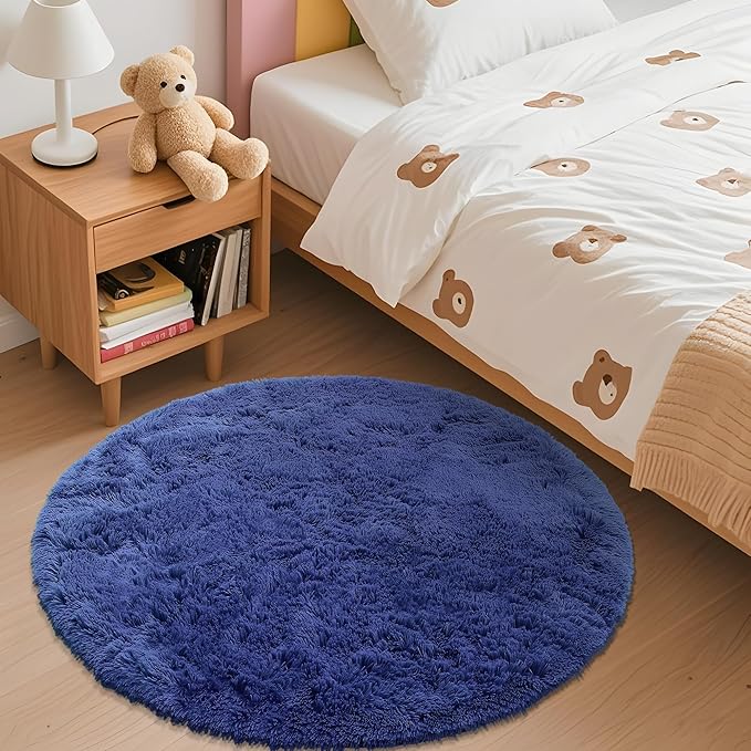 OLANLY Navy Blue Round Rugs for Bedroom - Machine Washable, 3 ft Circle Area Rugs for Living Room, Soft and Fluffy Shaggy Carpet for Teen Girls and Boys, Nursery Rooms, Dorms, Home Decor Aesthetic