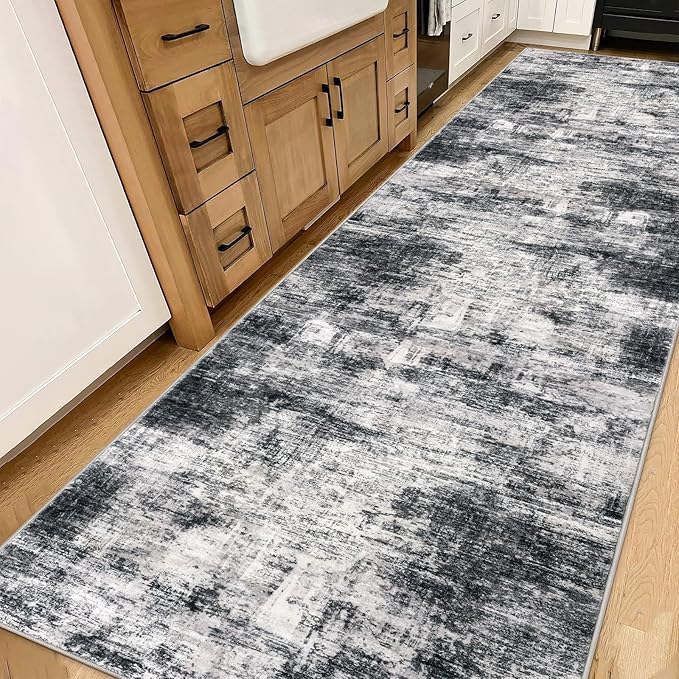 IOHOUZE Abstract Runner Rug 3x14 Ft Washable Runners for Hallways, Non Slip Kitchen Runner Printed Faux Wool Entryway Runner Indoor, Modern Abstract Floor Carpet for Hall Stair, Black Grey