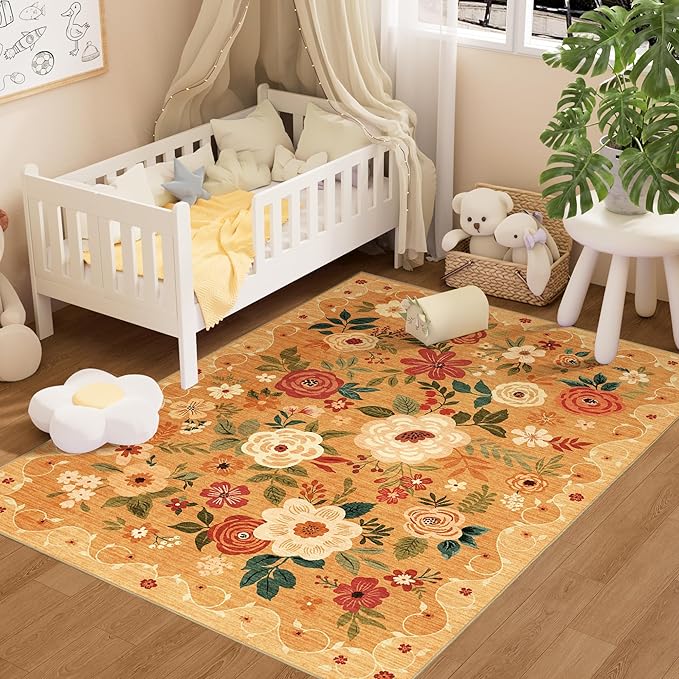 DUKINO 3x5 Area Rug, Floral Rugs for Living Room, Lightweight Non Slip Washable Rug, Indoor Low Pile & Non-Shedding Boho Design Rugs for Bedroom, Living Room, Dining Room, Orange