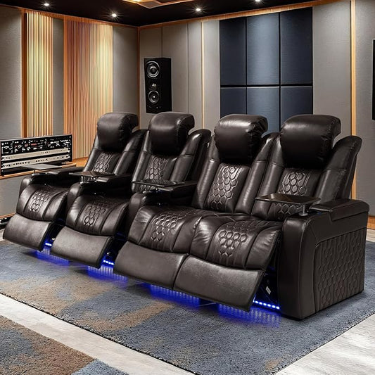 Home Theater Seating, Living Room, Powered Headrest, Powered Lumbar, Italian Leather, Powered Recline, Single Recliner (Coffee Color, Row of 4 Loveseat Right)