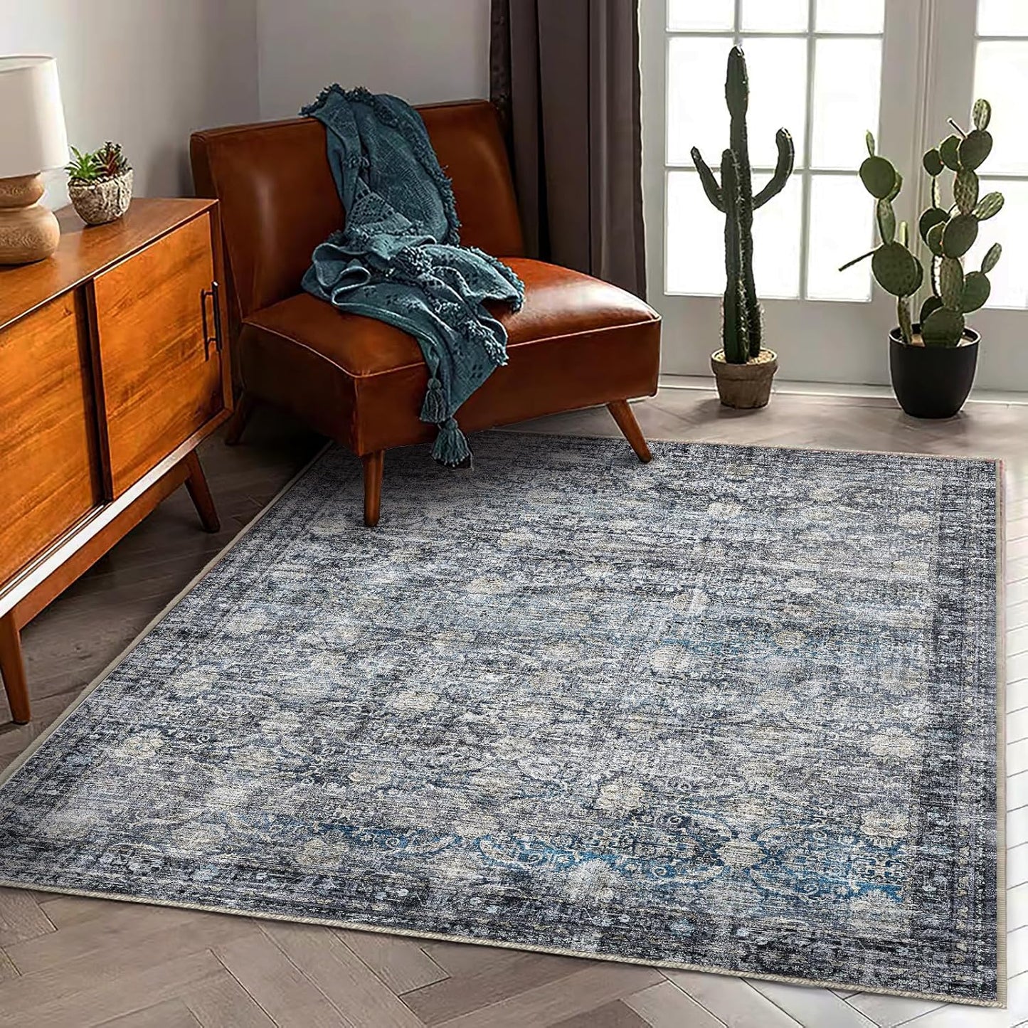 Washable Area Rug 4'x6' Traditional Floor Cover Foldable Thin Rugs Retro Kitchen Indoor Distressed Non Slip Carpet Floral Print Mat Bedroom Living Room