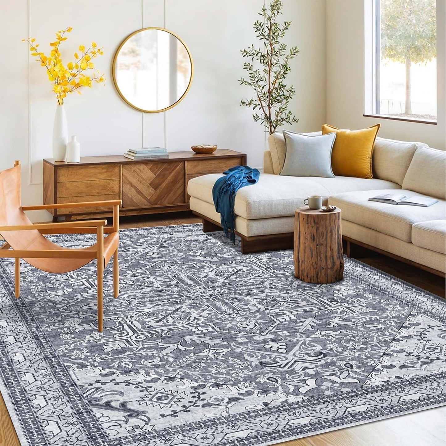 Washable Area Rug 5x8 | Non Slip Area Rug for Living Room, Bedrooms, Dining Room | Ultra-Soft Flannel Carpet Area with Rubber Backing (Frosted Graphite, 5x8)