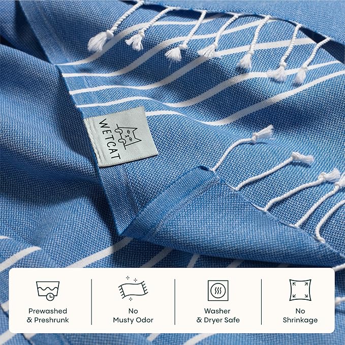 WETCAT Turkish Beach Towel Oversized (38"x71") 100% Turkish Cotton, Made in Turkey - Sand Free, Extra Large, Ultra Soft, Quick Drying, Compact & Lightweight for Travel - Royal Blue