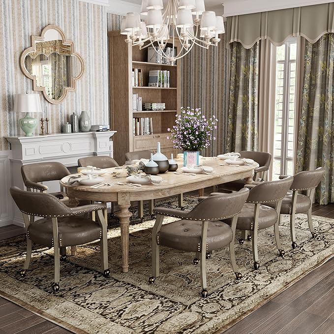 MODERION Modern Retro Brown Solid Wood Boss Caption's Dining & Office Desk Chairs with Wheels, Arms & Upholstered Seat, 31.5'H