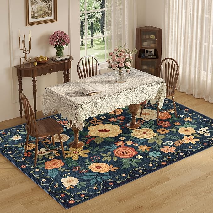 DUKINO 5x7 Area Rug, Floral Rugs for Living Room, Lightweight Non Slip Washable Rug, Indoor Low Pile & Non-Shedding Boho Design Rugs for Bedroom, Living Room, Dining Room, Dark Blue