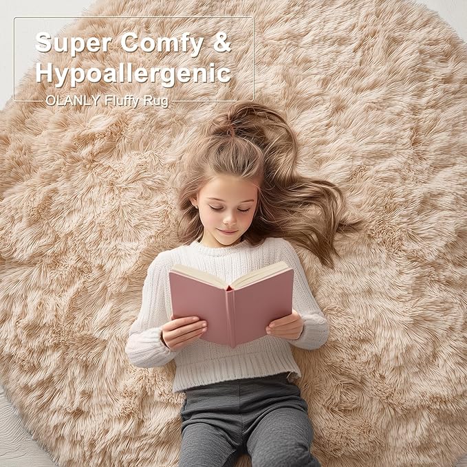 OLANLY Beige Round Rugs for Bedroom - Machine Washable, 6 ft Circle Area Rugs for Living Room, Soft and Fluffy Shaggy Carpet for Teen Girls and Boys, Nursery Rooms, Dorms, Home Decor Aesthetic
