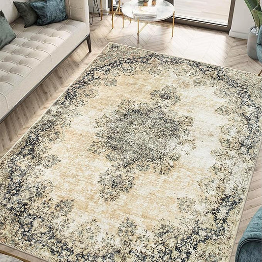 Keen Home Design 6x9 Rug - Machine Washable Area Rug with Non-Slip Backing, Ideal for Living Room, Dining Room, Bedroom - Vintage, Easy Clean, Durable, Low Pile - (6' x 9')