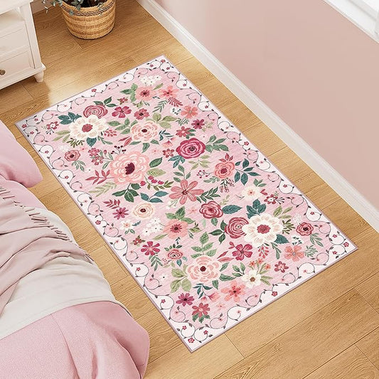 DUKINO 2x4 Rug for Entryway, Washable Kitchen Floral Runner Rug with Non Slip Backing, Low Pile Soft Boho Carpet for Kitchen, Hallway, Entryway, Laundry, Bedroom, Pink