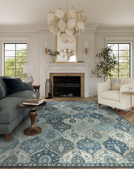 Lahome Moroccan Trellis Washable Rugs 9x12, Soft 9x12 Area Rug for Living Room Bedroom, Ultra-Thin Non-Slip Non Shedding Distressed Throw Large Carpet for Dining Room Office, Blue