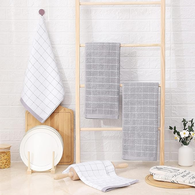 Homaxy 100% Cotton Terry Kitchen Towels(White and Light Grey, 13 x 28 Inches), Checkered Designed, Soft and Super Absorbent Dish Towels, 8 Pack