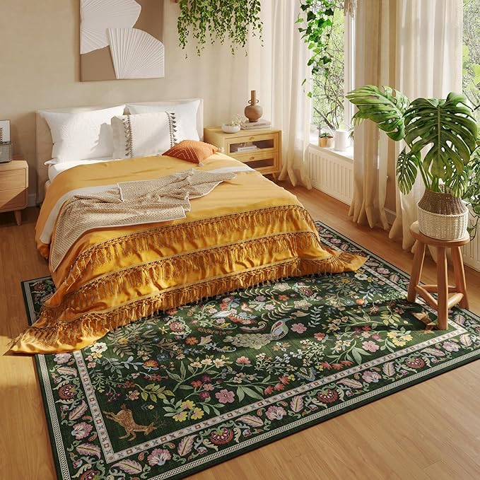 8x10 Area Rugs for Living Room Washable Rug Floral Non-Slip Large Rug for Living Room, Bedroom, Farmhouse, Dining Room, Kids Playroom (Emerald Green)