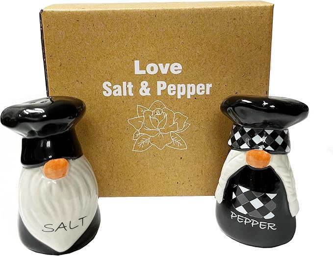 KARALIN Ceramic Salt & Pepper Shaker Sets Tabletop Accessories Cute Farmhouse Chef Design Housewarming gift with Gift Box ready (Black & White)