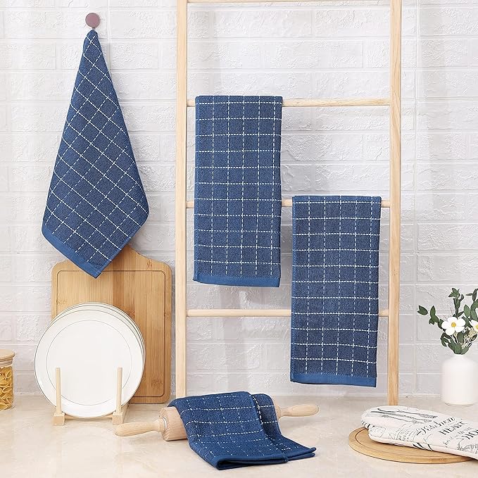 Homaxy 100% Cotton Terry Kitchen Towels(Navy Blue, 13 x 28 inches), Checkered Designed, Soft and Super Absorbent Dish Towels, 12 Pack