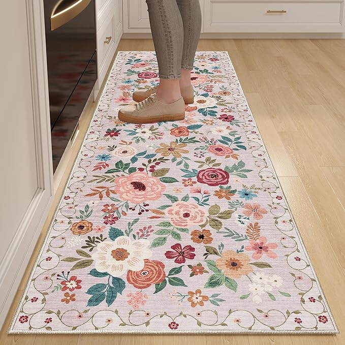DUKINO 2x6 Runner Rug for Hallway, Washable Kitchen Runner Rug with Non Slip Backing, Low Pile Soft Boho Floral Runner for Kitchen, Hallway, Entryway, Laundry, Bedroom, Beige