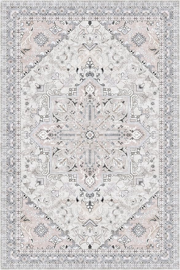 Washable Area Rug 4x6 | Non Slip Area Rug for Living Room, Bedrooms, Dining Room | Ultra-Soft Flannel Carpet Area with Rubber Backing (Beige Blue, 4x6)
