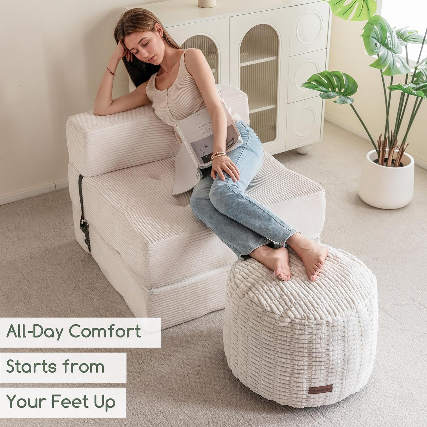 HIGOGOGO Pouf Ottoman Stuffed Round Modern Foam Filled Foot Rest Poufs for Living Room Chair Decorative 26 X 18 Inches Boho Relax Stool for Wedding Christmas Party, Beige