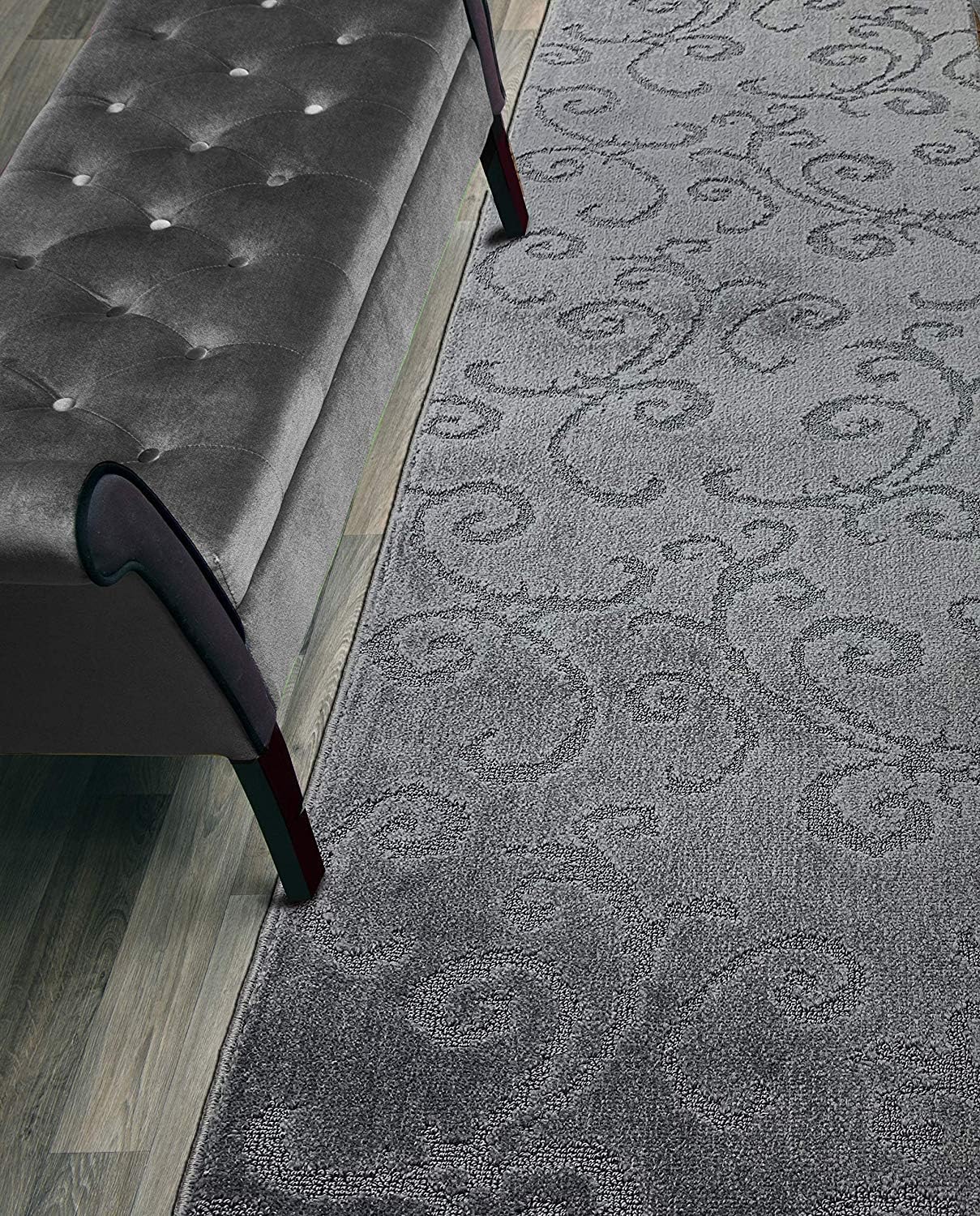 Non Slip Washable Carpet Runner Rug with Rubber Backing, Custom Floor Mat for Kitchen Hallway Stairs Bedroom Bathroom Entry, Scroll Anthracite Grey, Your Choice of Length, 26 Inch X 13 feet