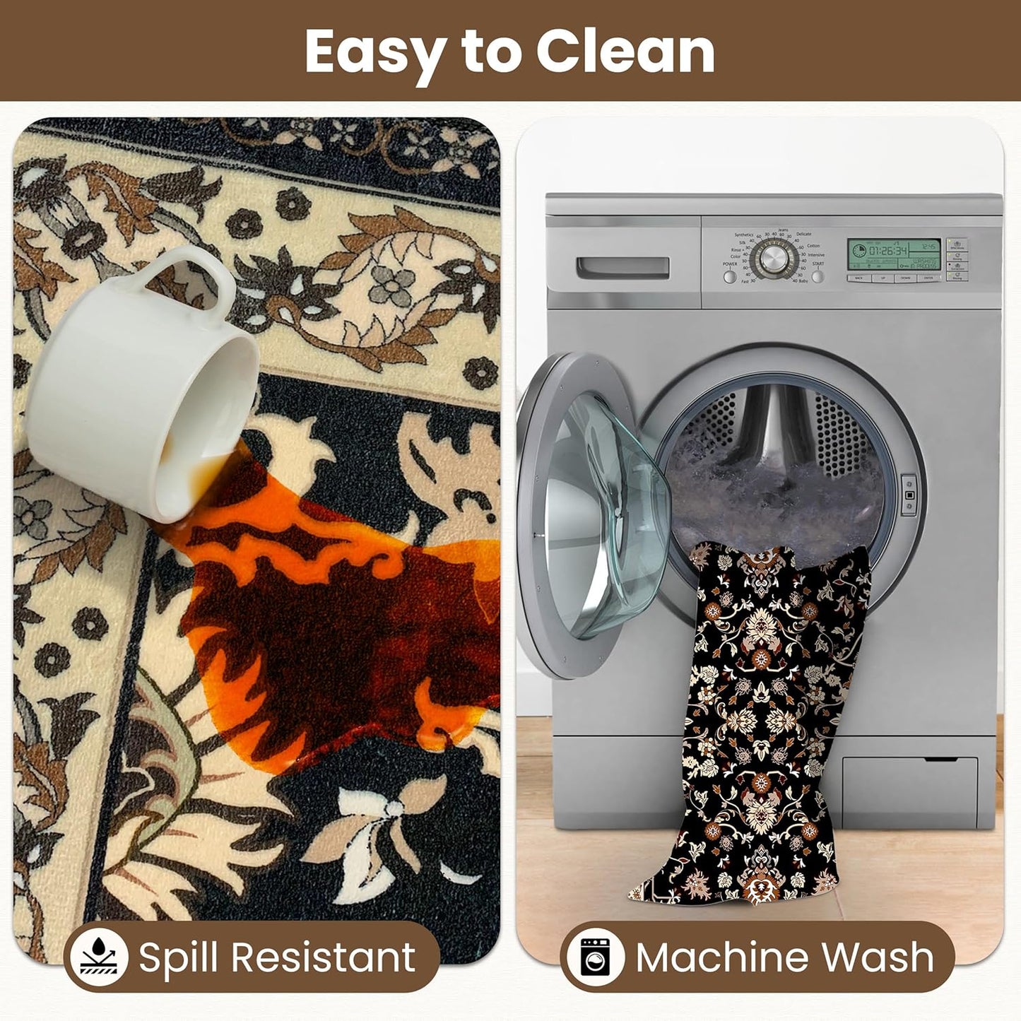 Washable Runner Rug 2x8 | Non Slip Rug Runners for Hallways, Entryways, Kitchens, Bathrooms, Bedrooms | Ultra-Soft Flannel Carpet Runners with Rubber Backing (Black Brown Cream, 2x8)