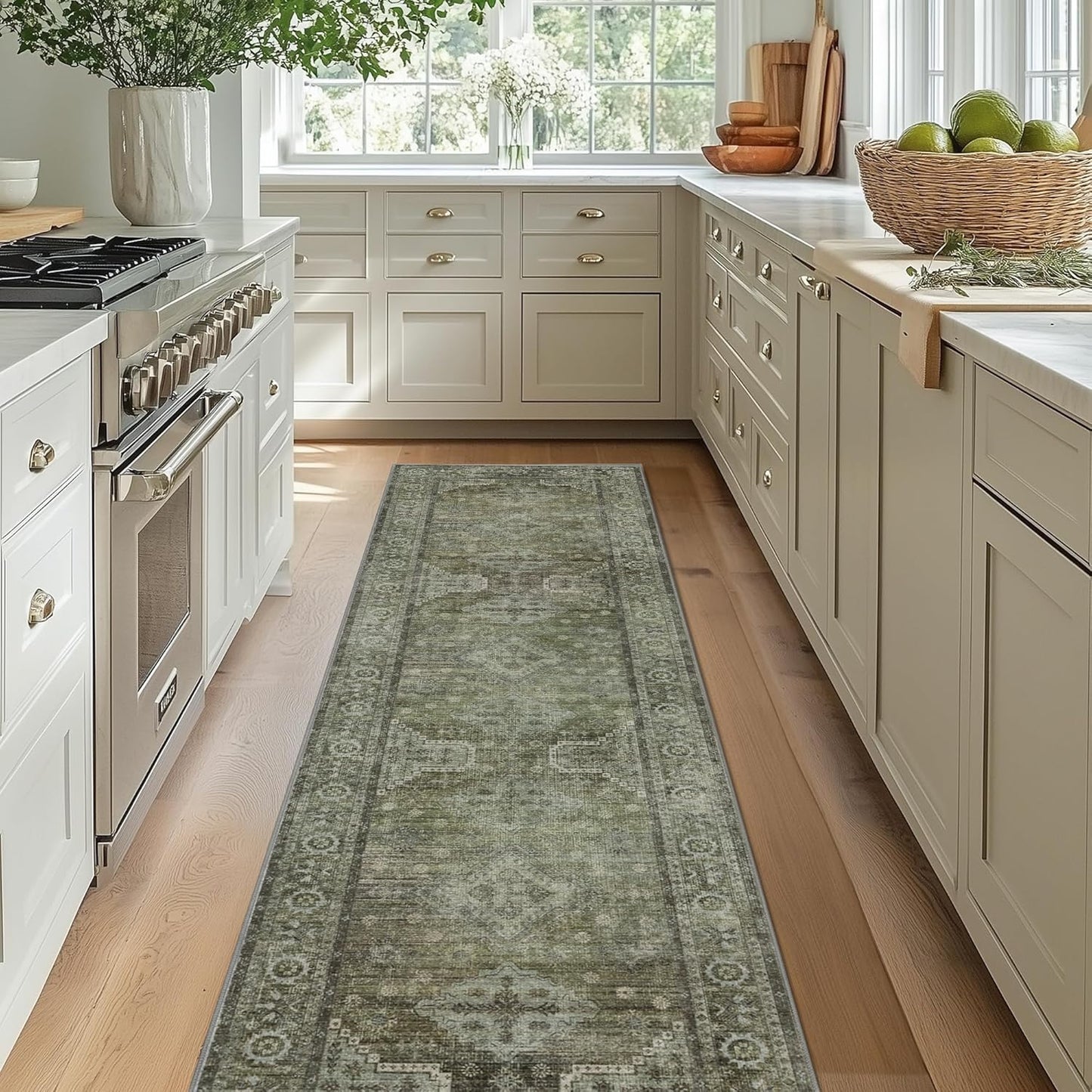 Runner Rug for Hallway Kitchen, 2x8 Machine Washable Runners Rug for Entryway, Soft Modern Boho Throw Rugs, Low Pile Floor Cover with Non Slip Backing, Distressed Light Greyish Sage Green