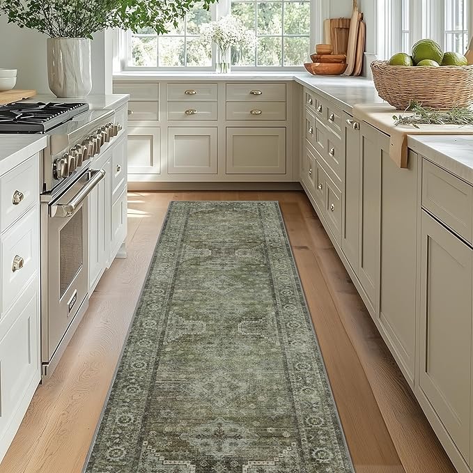 Runner Rug for Hallway Kitchen, 2x10 Machine Washable Runners Rug for Entryway, Soft Modern Boho Throw Rugs, Low Pile Floor Cover with Non Slip Backing, Distressed Light Greyish Sage Green