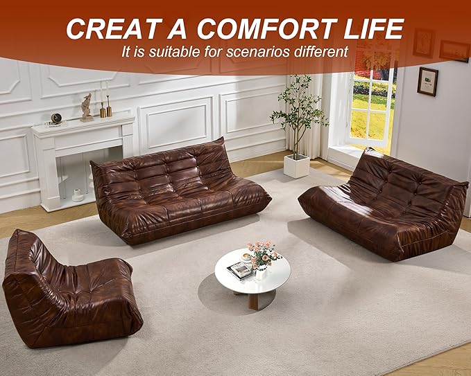 Hobestluk Bean Bag Chair Giant Bean Bag Sofa 2 Seater Bean Bag Chairs for Adults, Loveseat Floor Chair, Leather Bean Bag Chairs for Living Room Bedroom Dorm (Brown, Loveseat)