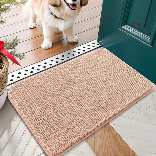 OLANLY Dog Door Mat for Muddy Paws 24x16, Absorbs Moisture and Dirt, Absorbent Non-Slip Washable Doormat, Quick Dry Chenille Mud Mat for Dogs, Entry Indoor Entryway Carpet for Inside Floor, Peach
