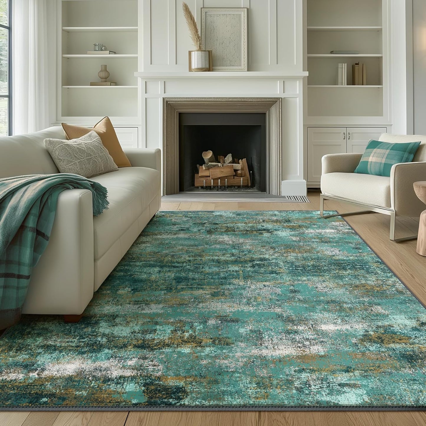 Machine Washable Rug 8x10 Area Rugs for Living Room Bedroom, Large Turquoise Abstract Area Rug Soft Throw Rugs, Low-Pile Floor Carpet with Non Slip Rubber Backing