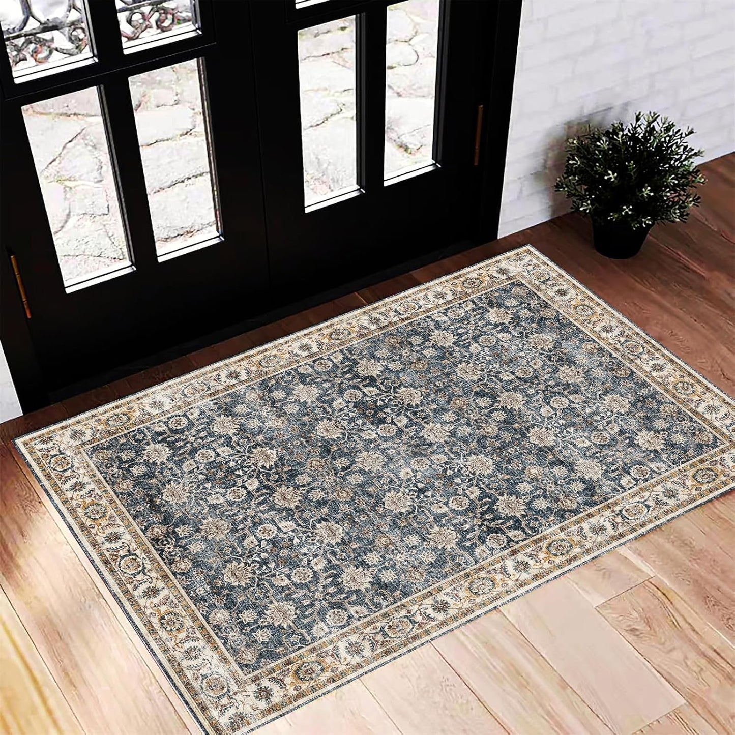 Washable Area Rug 2'x3' Door Mat Vintage Distressed Doormat Indoor Entrance Traditional Thin Rug Floral Print Non Slip Carpet for Kitchen Bathroom Bedroom Living Room