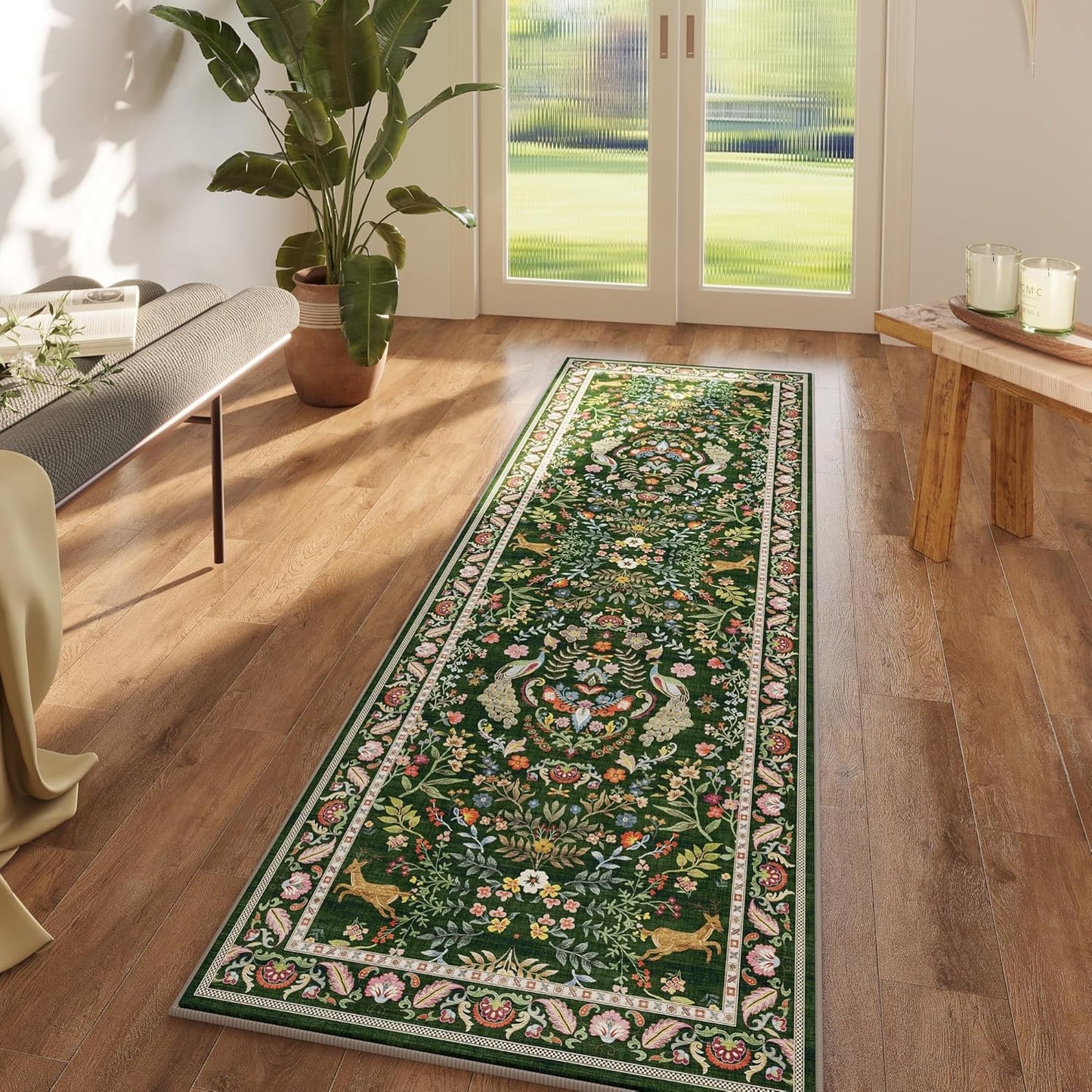 Runner Rug Washable Kitchen 2'x10' Rug Floral Non-Slip for Entryway Indoor Soft Carpet Runner for Hallways, Kitchen, Laundry, Bedroom, Bathroom (Emerald Green)