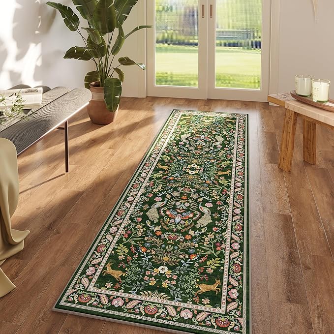 Runner Rug Washable Kitchen Runner 2'6''x8' Rug for Entryway Indoor Floral Non-Slip Soft Carpet for Hallways, Kitchen, Laundry, Bedroom, Bathroom (Emerald Green)