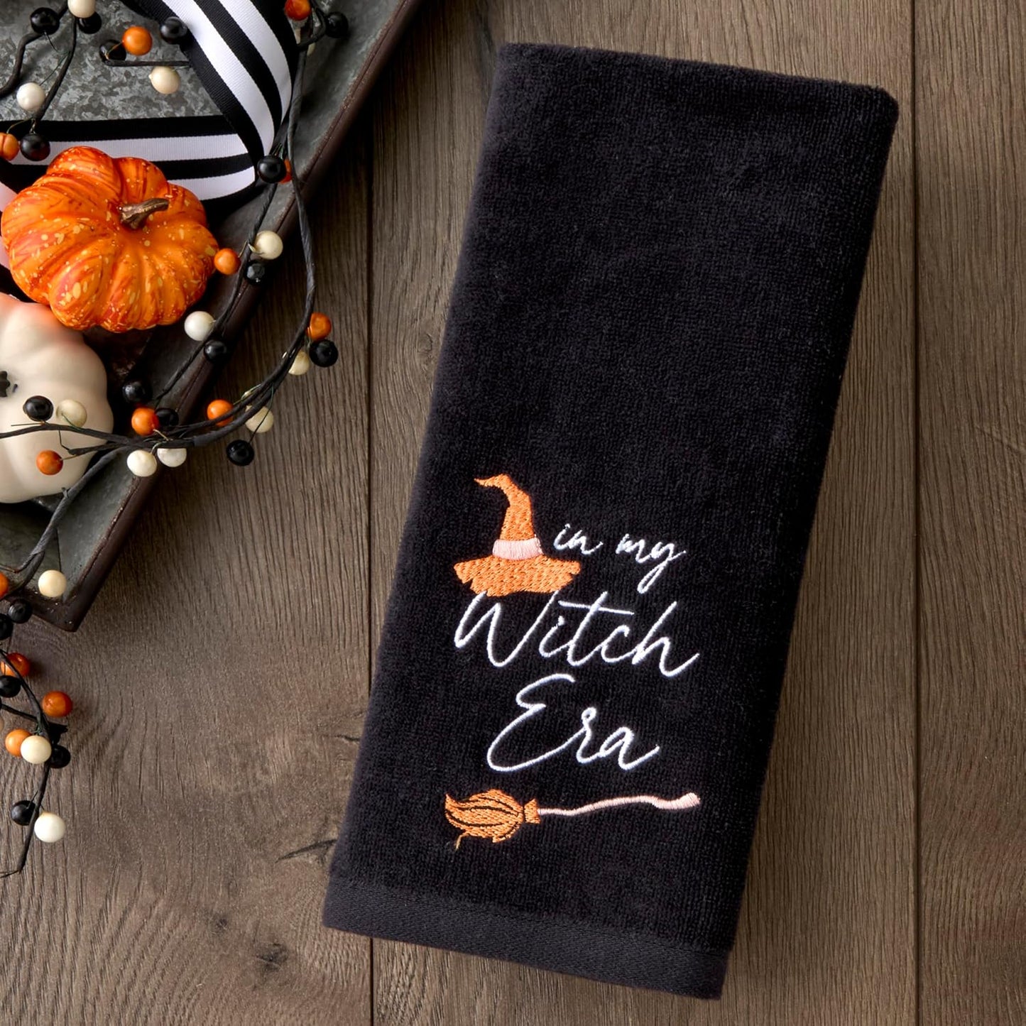 SKL Home Halloween in My Witch Era 100% Cotton Embroidered 2pc Hand Towel Set, Decorative for Bath/Kitchen/Bar & Gift, Black
