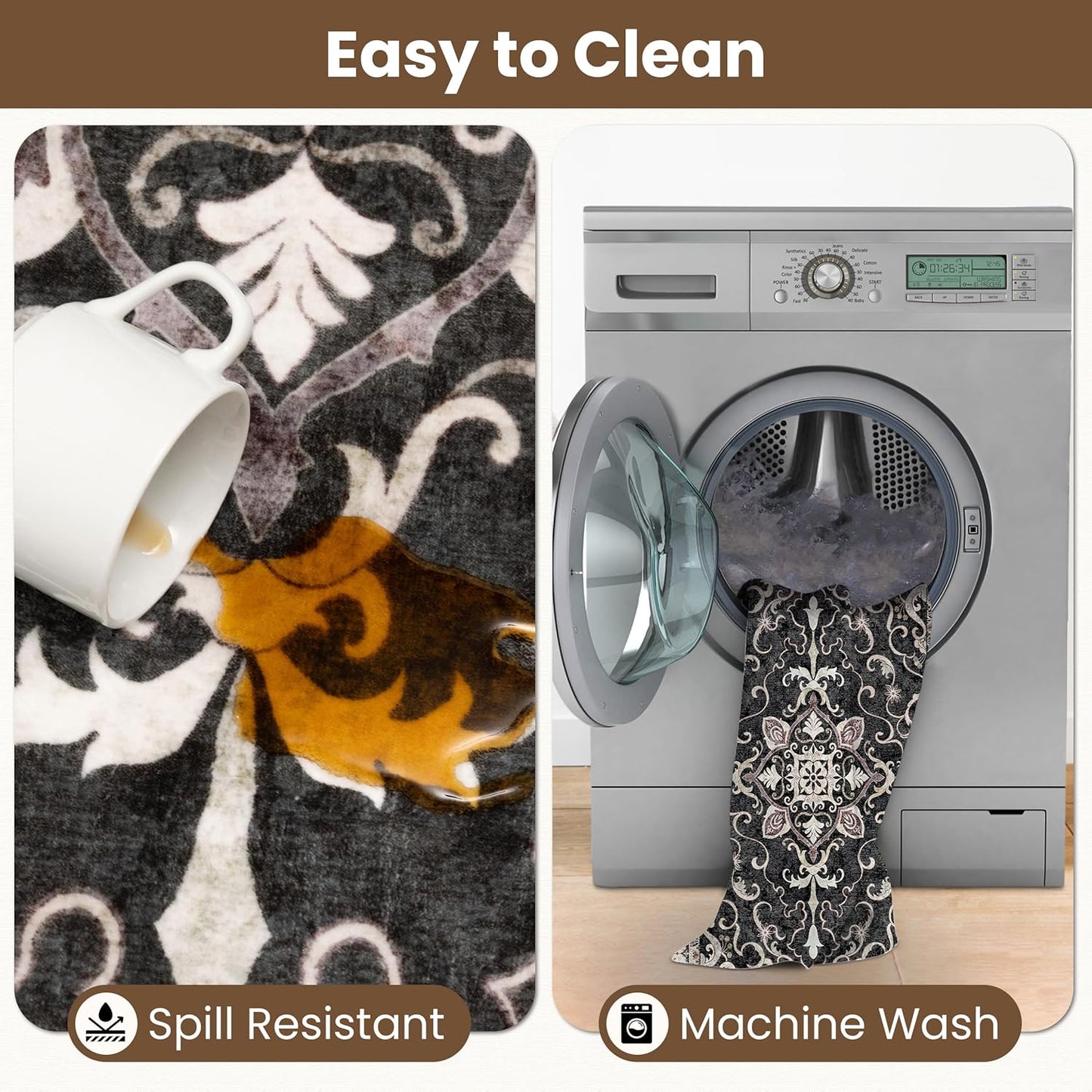 Washable Runner Rug 2.5x8 | Non Slip Rug Runners for Hallways, Entryways, Kitchens, Bathrooms, Bedrooms | Ultra-Soft Flannel Carpet Runners with Rubber Backing (Black Cream, 2.5x8)