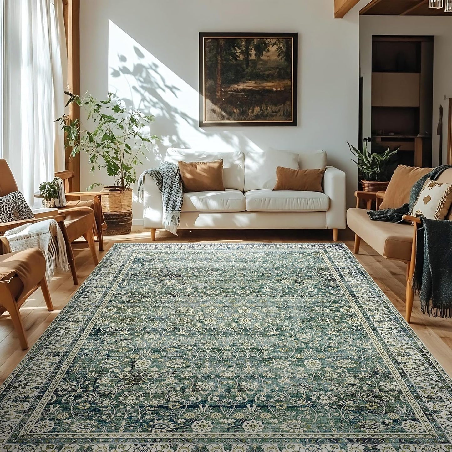 Dark Emerald Green Area Rugs 8x10 for Living Room,Washable Faux Wool Moody Floral Boho Vintage Oriental Indoor Large Carpet for Bedroom Under Bed Dining Room Under Table