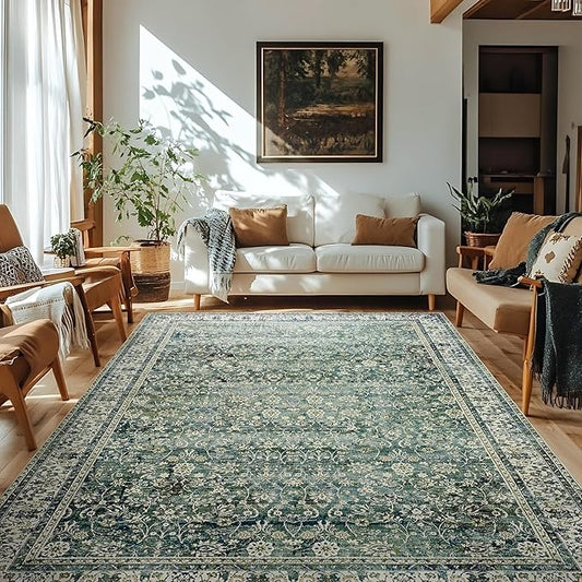 5x7 Area Rugs Washable Rugs for Living Room,Christmas Faux Wool Soft Moody Floral Boho Vintage Oriental Indoor Carpet Rug for Bedroom,5 by 7,Dark Emerald Green